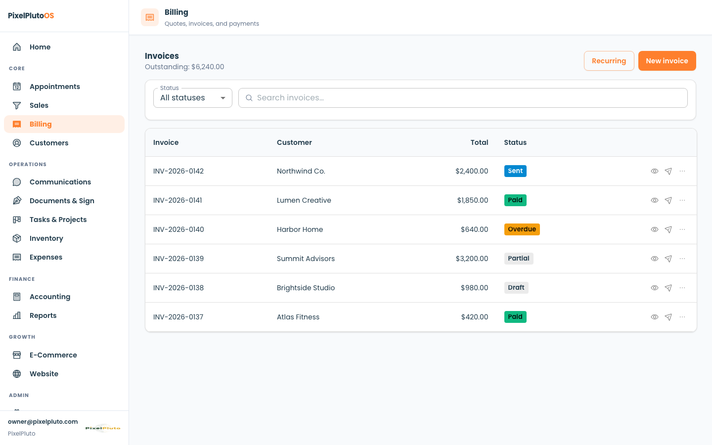 Invoices and payments in PixelPluto OS