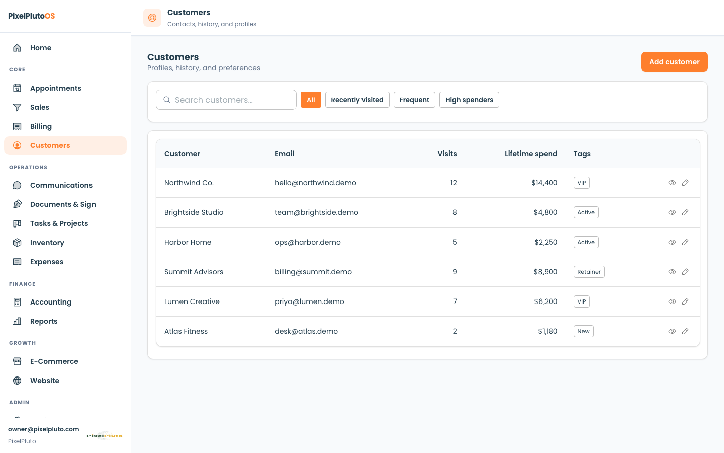 PixelPluto customer CRM