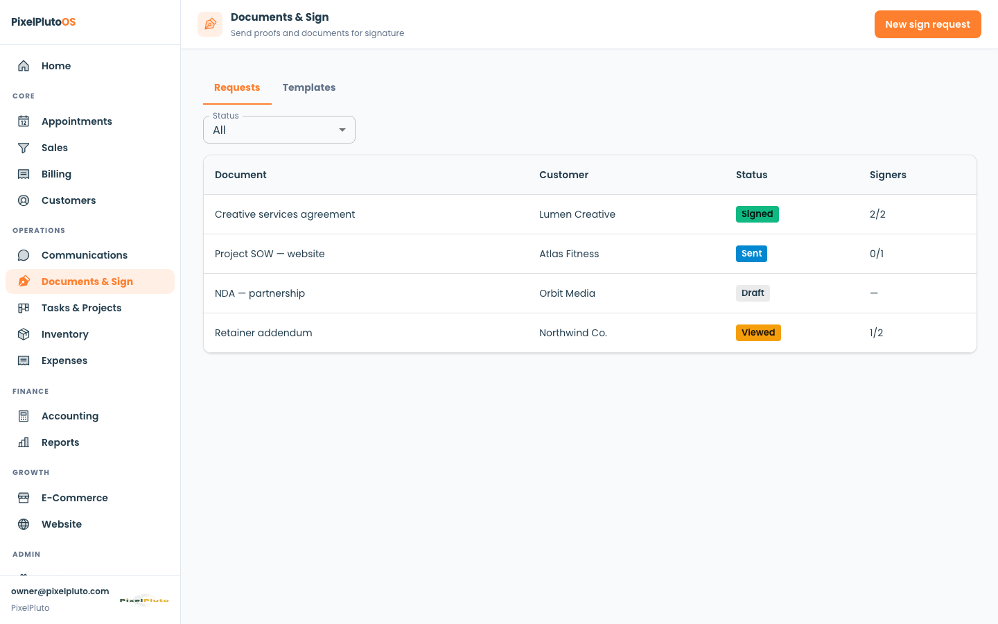 PixelPluto documents and e-sign